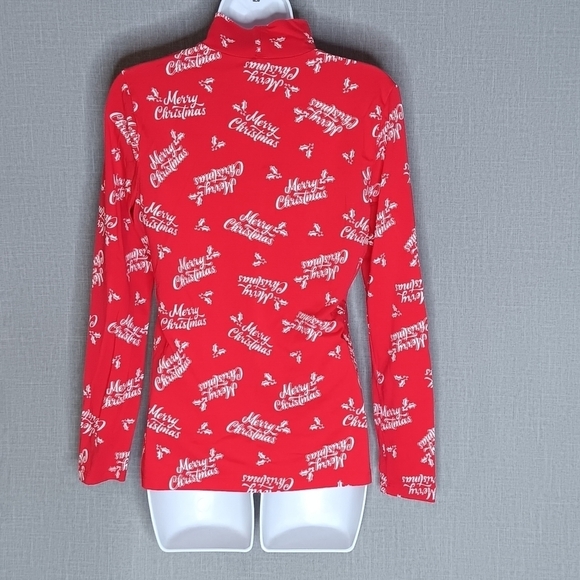 Time and Tru Merry Christmas Shirt Top Red Long Sleeve Fitted Mock Turtleneck - Picture 3 of 4